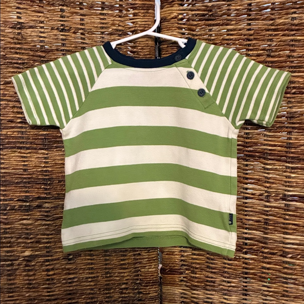 JoJo Maman Bebe Green and Cream Striped Tee with Navy Accents